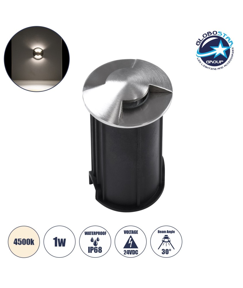 GLOBOSTAR® UNDERGROUNDRENA 90663 Φωτιστικό Σκαλοπατιού - Διαδρόμου LED 1W 115lm 30° DC 24V Αδιάβροχο IP68 Φυσικό Λευκό 4500K Dimmable - Bridgelux SMD Chip - Ανοξείδωτο Ατσάλι 304 - Μ5 x Π5 x Υ9cm - Q4.2cm - 3 Χρόνια Εγγύηση